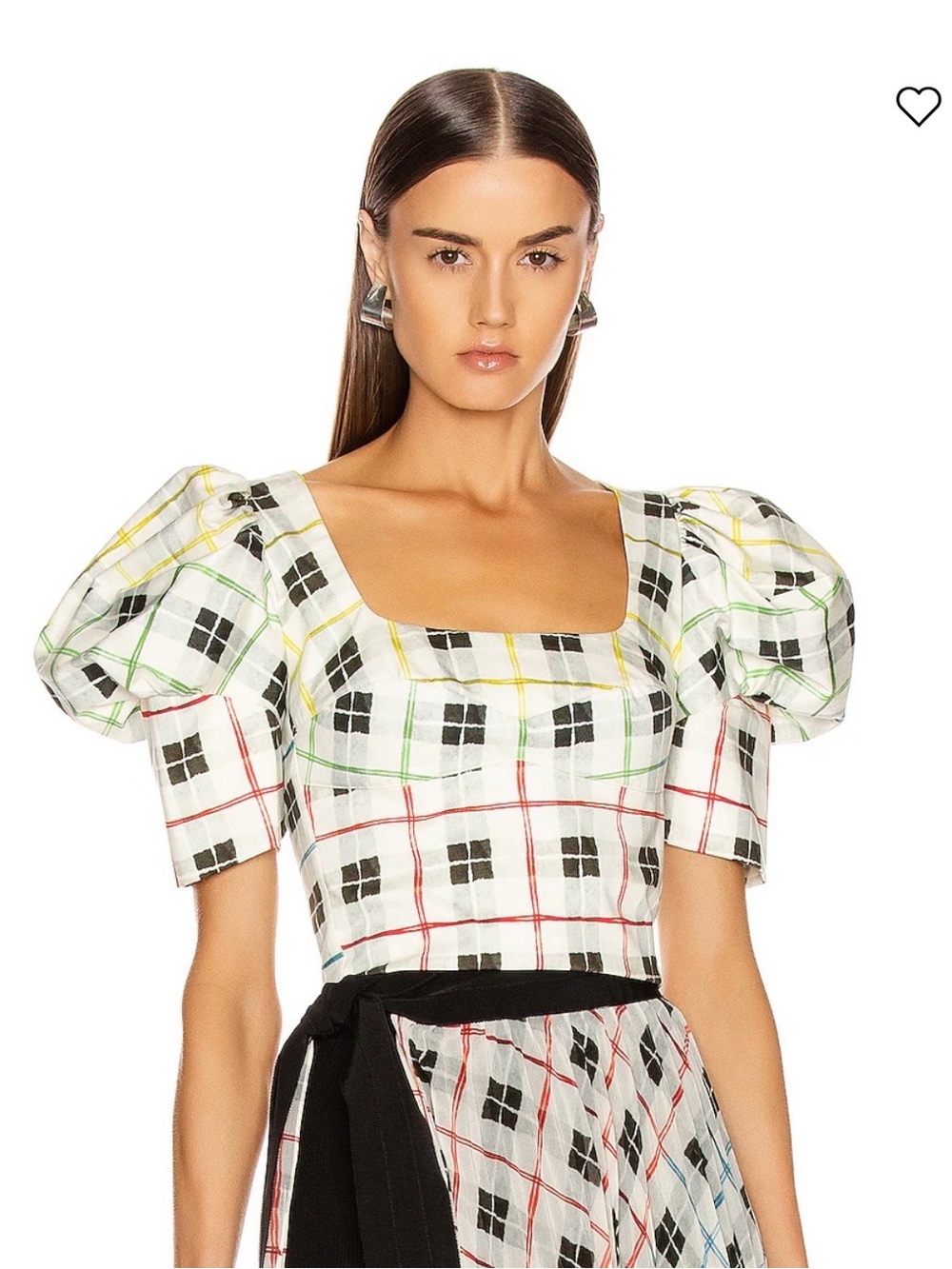 NWOT Silvia Tcherassi White Multicolor Plaid Puff Sleeve Square Neck Top